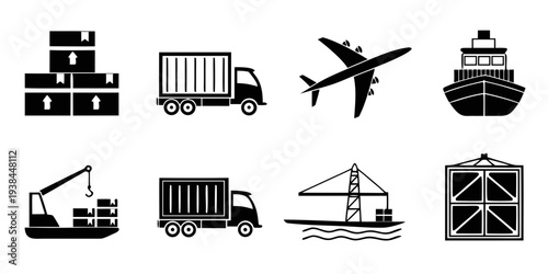 Various modes of transportation and industrial equipment in black and white icons Vector