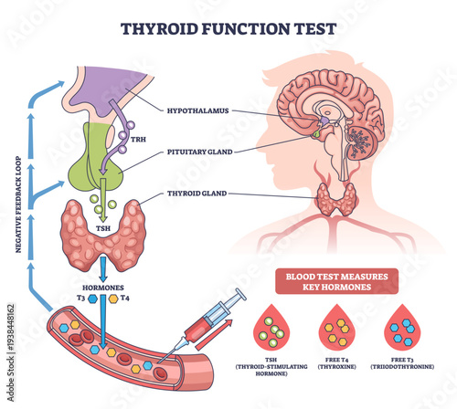 Thyroid function test brief diagram illustrating the HPT axis and blood test measuring TSH, T3, T4, key objects, thyroid gland, pituitary gland, syringe, transparent background.