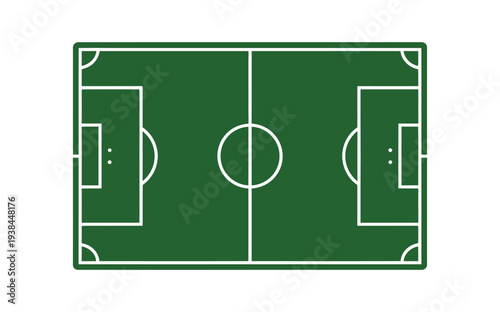 A green soccer field with white lines on a plain background