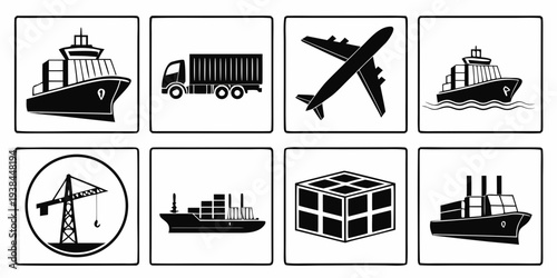 Diverse icons representing various modes of transportation and industrial structures Vector