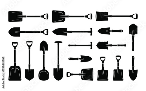 A collection of various shovels and digging tools on a white background