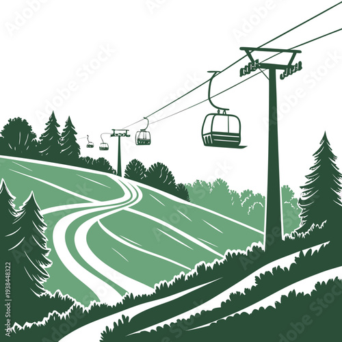 A scenic view of a ski resort with a chairlift and snow-covered slopes. Vector