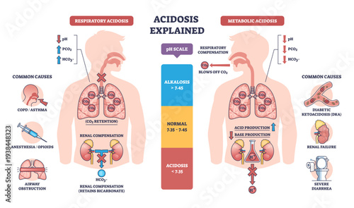 Acidosis explained contrasts respiratory and metabolic imbalance, lungs, kidneys, and pH scale highlight CO2 retention and acid buildup for quick understanding, transparent background.
