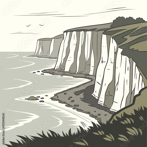 A dramatic seascape with towering white cliffs and crashing waves Vector