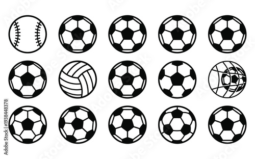 A collection of various sports balls icons on a white background