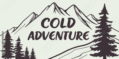 A serene mountain landscape with trees and a cold adventure logo Vector