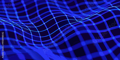 Abstract blue wave flowing through a grid of glowing circles