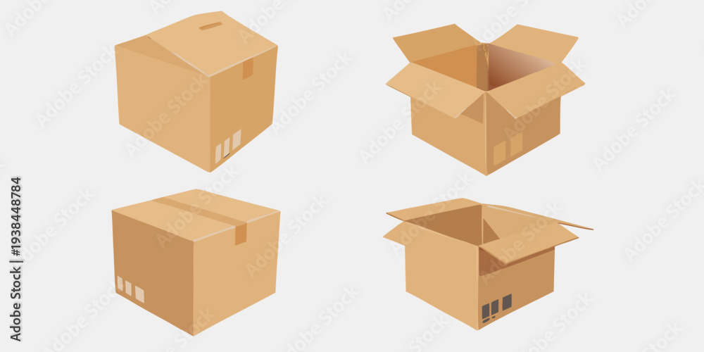 Fototapeta premium Four cardboard boxes in various stages of assembly and disarray