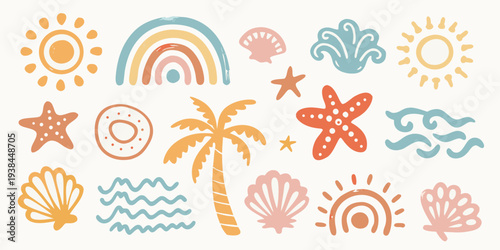 Colorful summer elements suns rainbows shells and tropical foliage