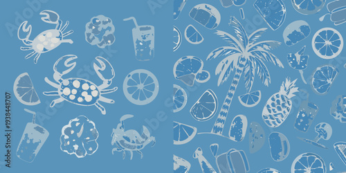 Summer themed pattern with crabs citrus and tropical elements