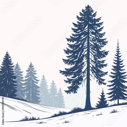 A serene winter landscape with tall pine trees standing in a snow-covered field Vector