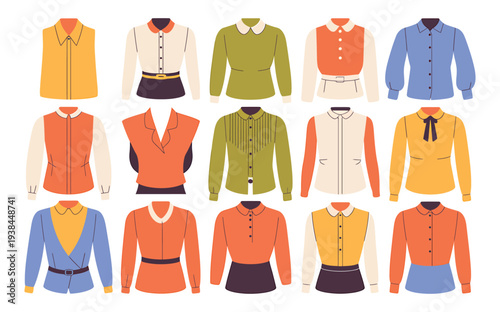 A collection of various colorful shirts and blouses on a white background