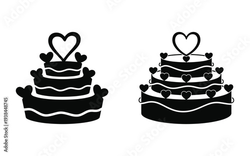 Two black silhouette wedding cakes with hearts on a white background