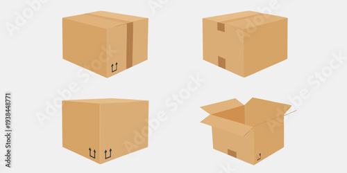 Four cardboard boxes in various states of assembly and perspective