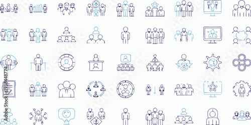 Collection of blue line icons depicting business team meetings and networking