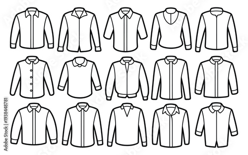A collection of various shirt styles and designs on a white background