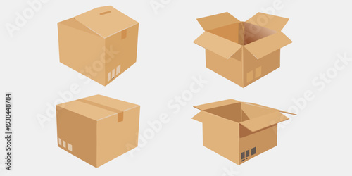 Four cardboard boxes in various stages of assembly and disarray