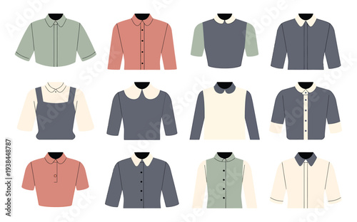 A collection of various shirts and blouses in different colors and styles