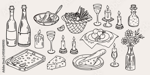 A collection of hand drawn illustrations depicting a festive table setting