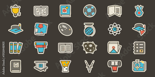 Colorful collection of educational icons representing various academic subjects