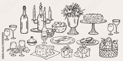 A festive table setting with wine candles and celebratory foods