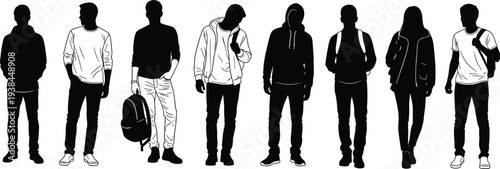 Group of people silhouette vector illustration with casual clothing, hoodies, jackets, backpacks, everyday lifestyle artwork concept for fashion, community, diversity design