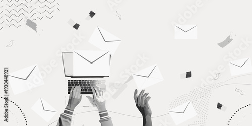 Hands typing on a laptop surrounded by floating email icons
