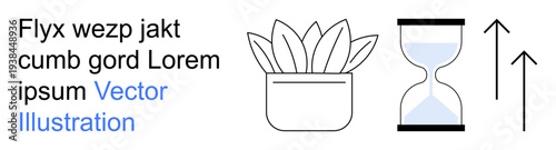 Growth, productivity, time management, progress, nature, sustainability. Illustration shows a potted succulent, hourglass and upward arrows. Growth and time management concept