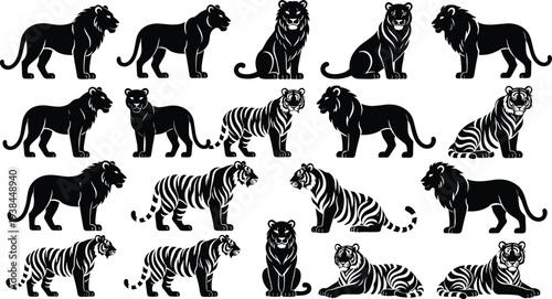Lion and tiger silhouettes collection with wild big cats poses, black vector illustration set isolated on white background for wildlife design