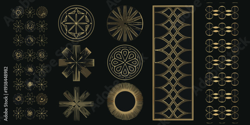 Geometric floral patterns and ornamental designs in gold on black