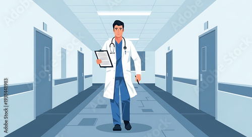 A dedicated male physician confidently strides through a contemporary hospital corridor, embodying essential medical care and professional commitment to patient well-being