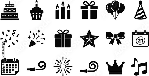 A collection of black and white icons celebrating a birthday party