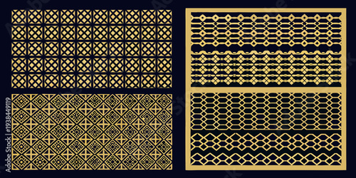 Four geometric patterns in gold on a dark background showcasing intricate designs