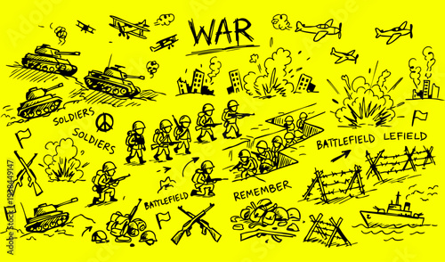 war doodle vector editable design, Battle, Soldier, Weapon, Invasion, Siege, Artillery, Truce, Combat, Ambush, Surrender, design, vector, symbol, sketch, school, business, icon, drawing, hand, text