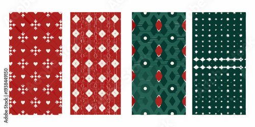 Four vertically arranged festive patterned backgrounds in red and green