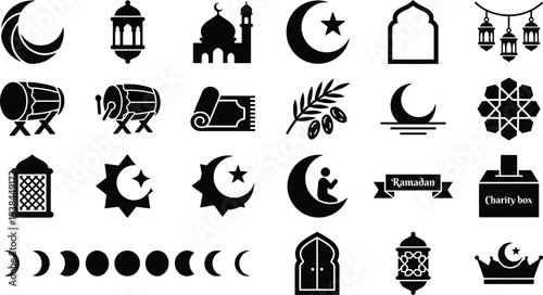 A collection of black Islamic symbols and icons on a white background