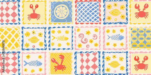 Colorful patchwork pattern featuring marine life and floral elements