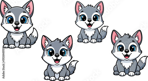 Set of 4 Cute Cartoon Baby Wolf Vector Illustrations