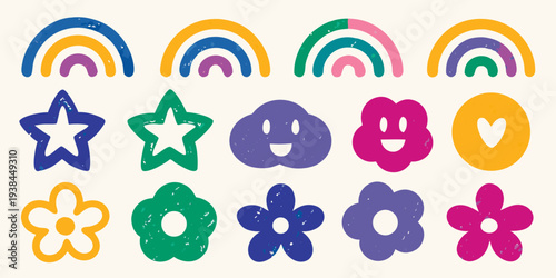 Colorful rainbows stars flowers and smiley faces in a playful design