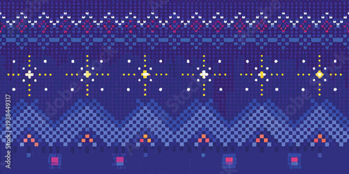 Pixel art landscape featuring mountains water and a starry night sky