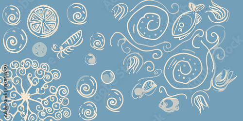 Whimsical illustration of citrus fruits flowers and marine life doodles