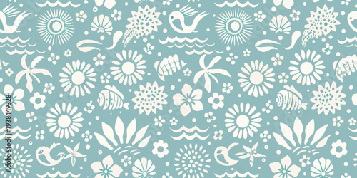 A repeating pattern of stylized birds flowers and ocean elements
