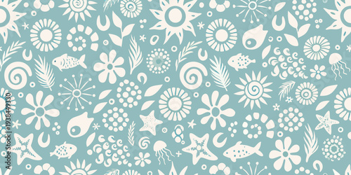 Whimsical seamless pattern featuring white marine life on a teal background