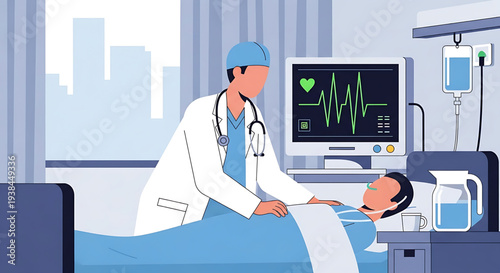 Doctor tending to patient in hospital bed with vital signs monitor displaying heart rate