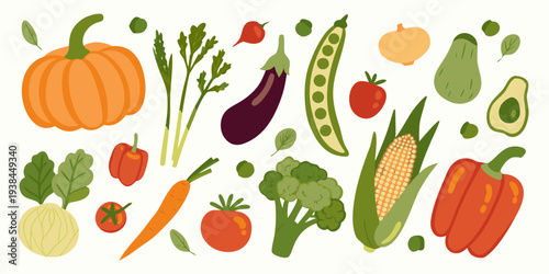 Colorful assortment of fresh vegetables and fruits in a flat design