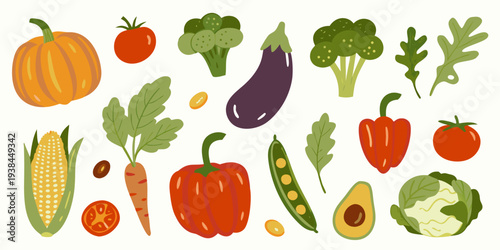 Colorful assortment of fresh vegetables and fruits in a flat design