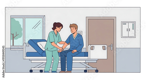 Dedicated healthcare professional offering compassionate support and essential assistance to a recovering male patient in a modern hospital room, emphasizing dedicated medical care and rehabilitation