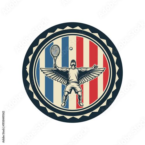 Vintage tennis player badge with winged athlete and striped background in circular frame