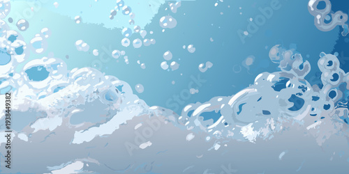 Abstract illustration of bubbles and swirling water in shades of blue