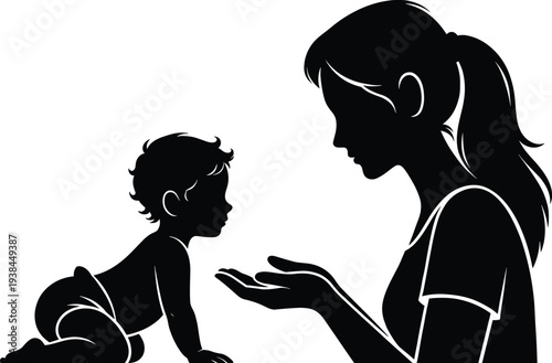 Mother and baby silhouette illustration, loving parent interacting with infant child, black and white vector art symbolizing motherhood, care, bonding, and family connection